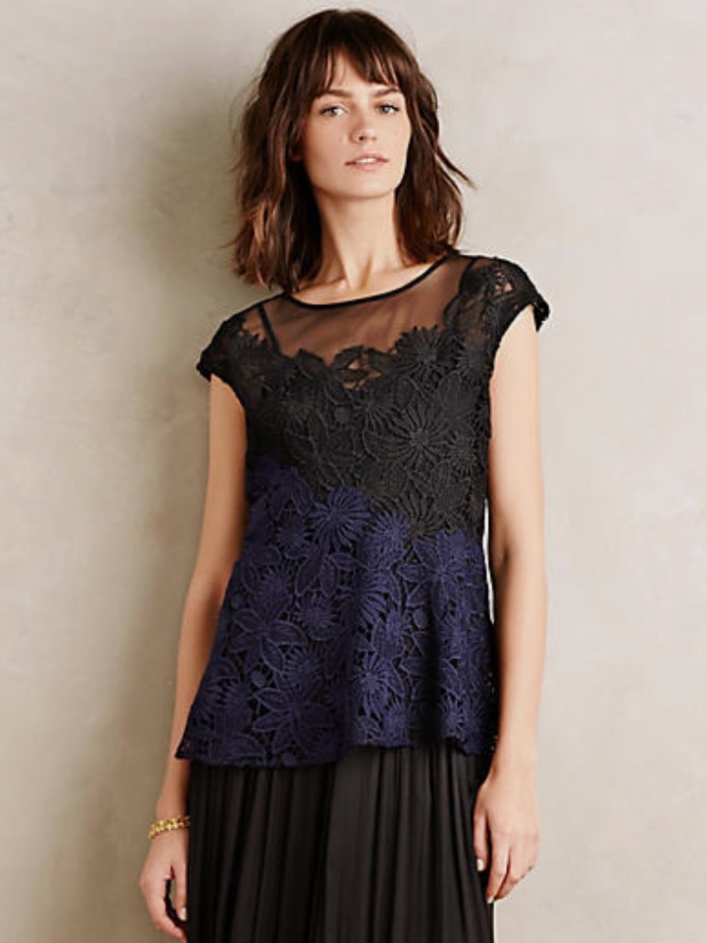 NWT Anthropologie Garden Guise Navy and Black Lace Blouse by Deletta in Medium